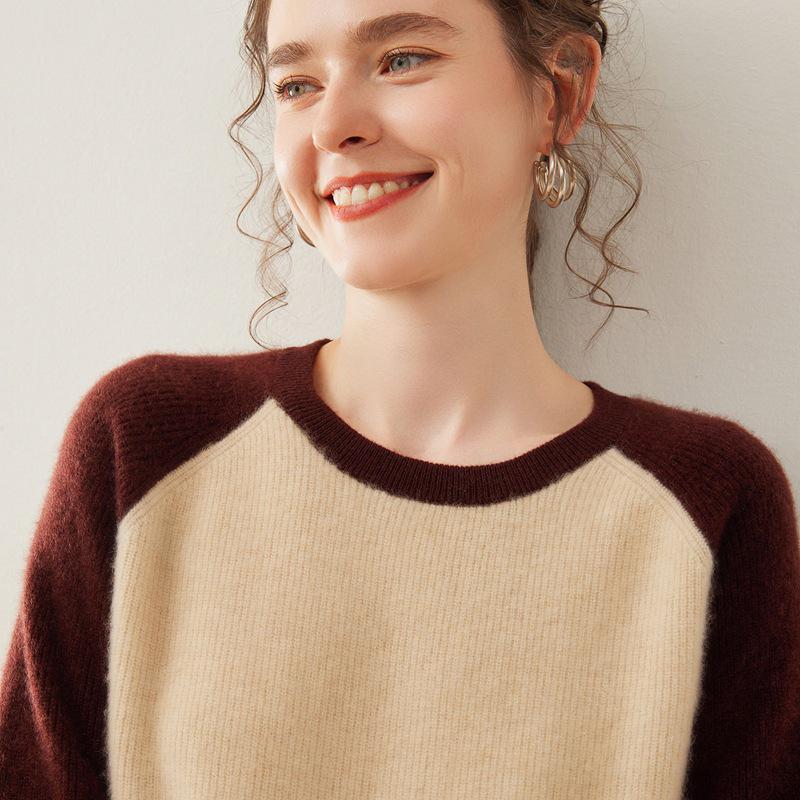 Women's Color Block Cashmere Sweater - Round Neck, Thick Knitwear for Autumn/Winter, Soft and Cozy Pullover