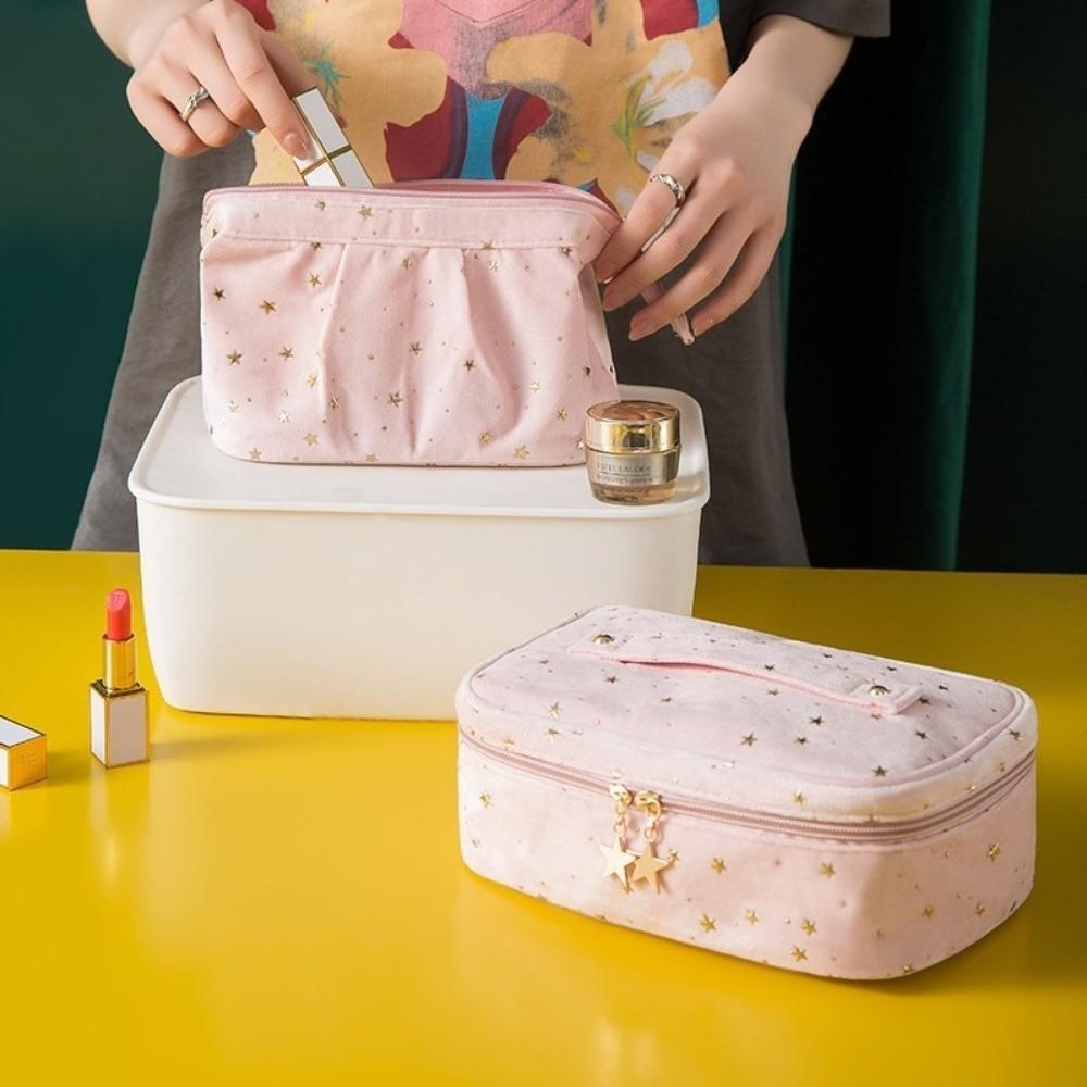 Große Kapazität Reise Kosmetiktasche Bronzefarbene Sterne Samtmaterial Kosmetik Aufbewahrungstasche Kubische Muschelform Waschbeutel