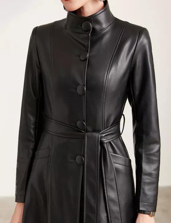 Elegante Casaco Trench Longo Feminino Casual Formal Feito à Mão em Couro de Pele de Cordeiro Genuíno