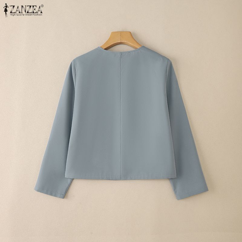 ZANZEA Women Casual Round Neck Solid Color Long Sleeve Cardigan Blouse