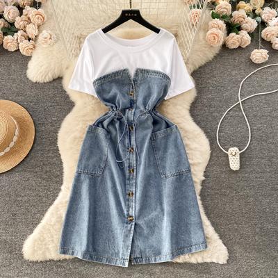 Summer Short Sleeve Denim Dress for Woman Fake Two Jeans Patchwork Women's Dresses Korean Clothing