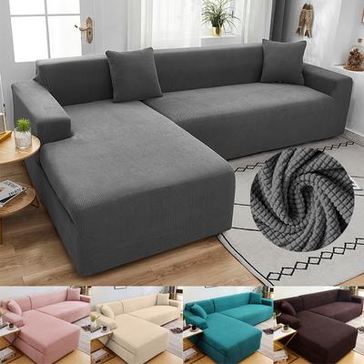 L Shaped Jacquard Sofa Cover For Living Room Elastic Thick Corn Fleece Couch Protector Solid Color Settee Covers 1 /2 /3 /4 Seaters