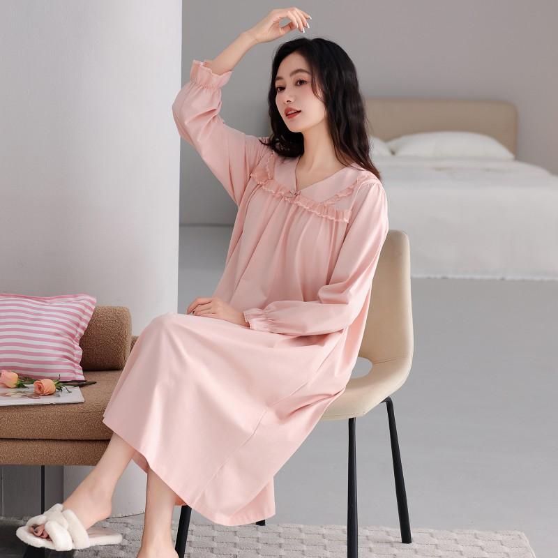 Womens Long Sleeve Cotton Nightgown With Built-in Bra Soft Loungewear