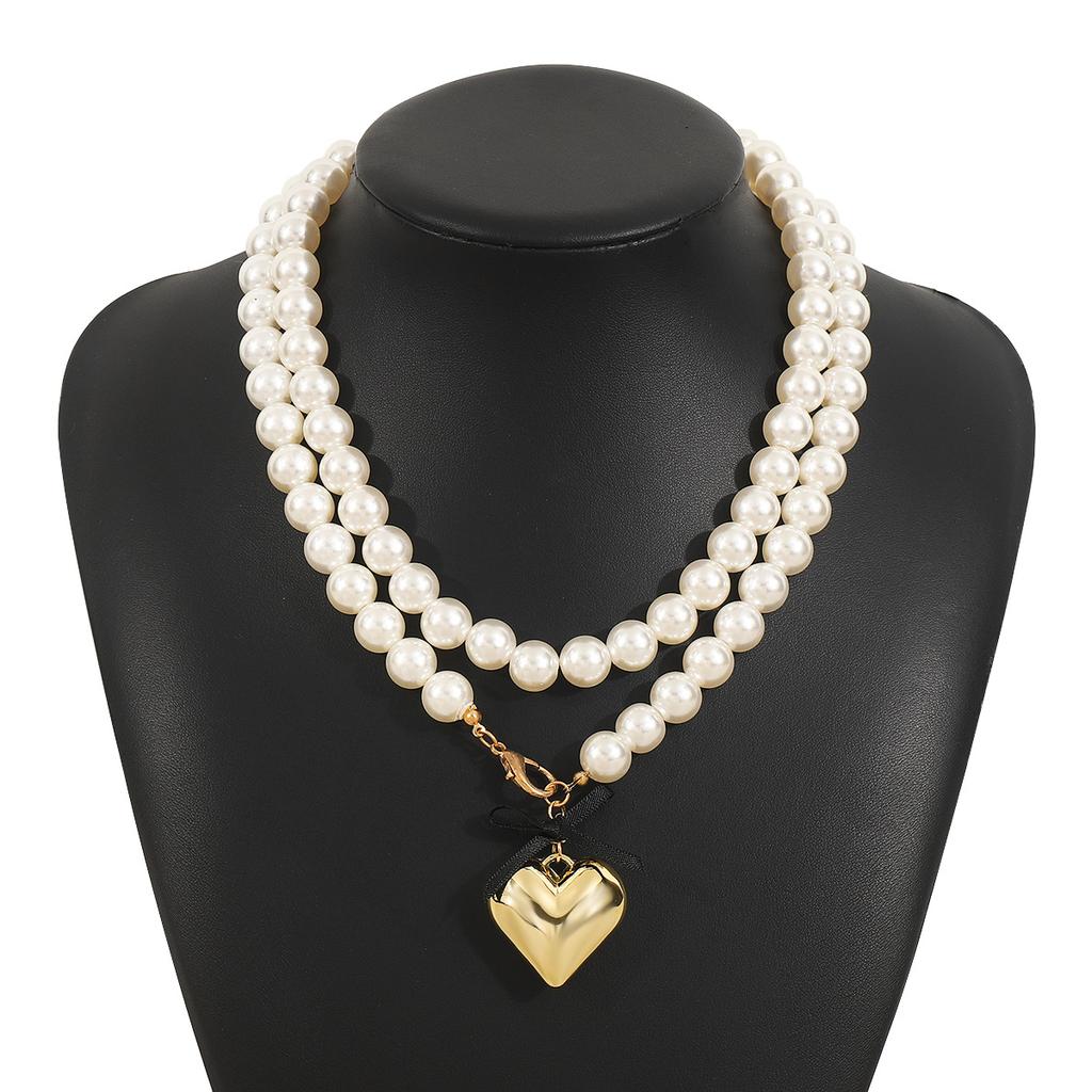 Women European Sweet Ins Style Ribbon Bow Love Pearl Necklace For Women Minimalist Design Layered Clavicle Necklace