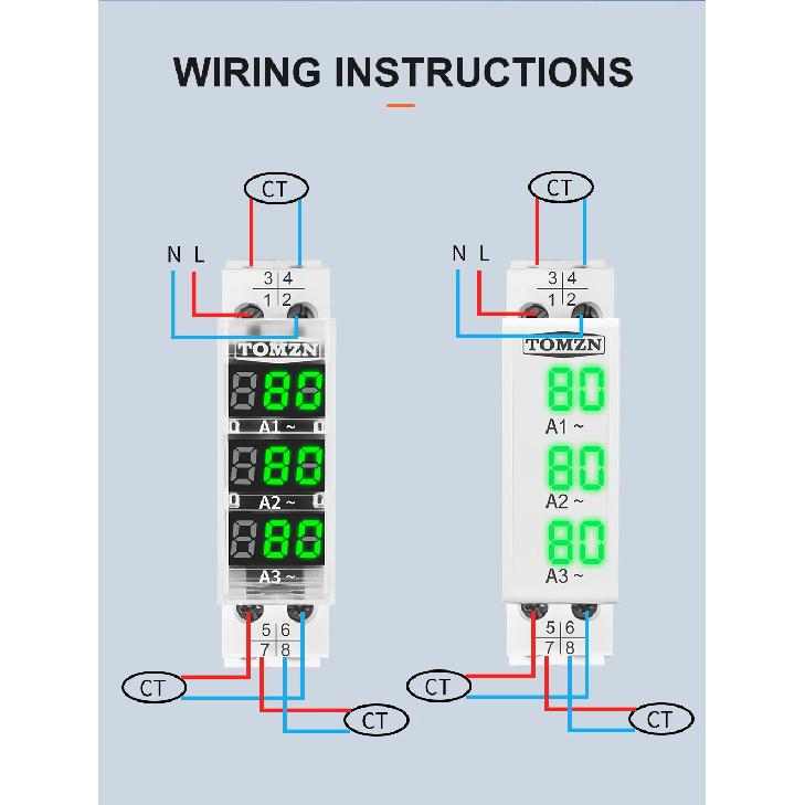 TOMZN DIN Rail 18mm Apmere Meter AC 100A 220V 380V Three Phase Modular Ammeter Indicator LED Digital Display Detector Witch CT