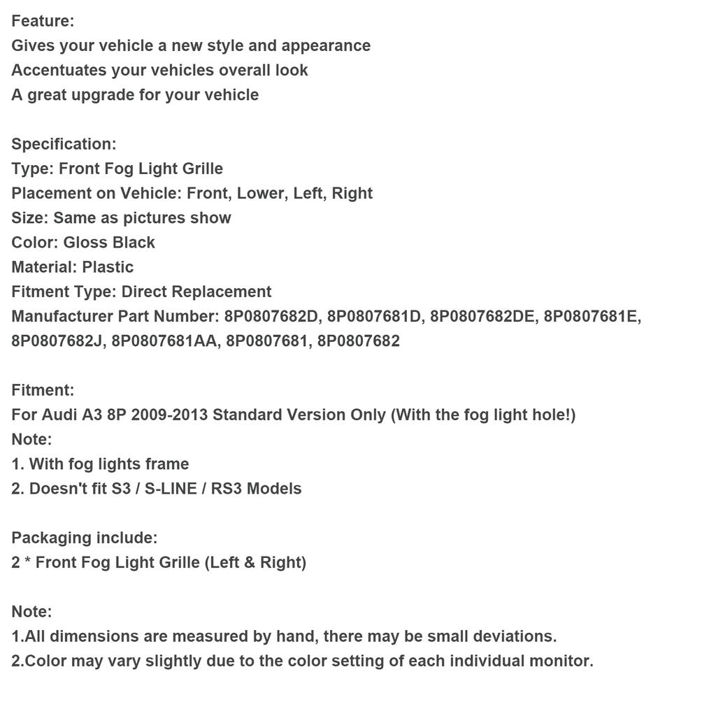 Honeycomb Bumper Front Fog Light Grill Grille Cover 8P0807682D 8P0807681D Fit A3 8P 2009-2013