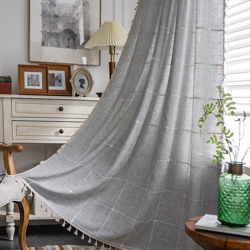 Cotton And Linen Knitted Jacquard Living Room Bedroom Window Beige Tassel Blackout Valance Decorative Shading Curtain