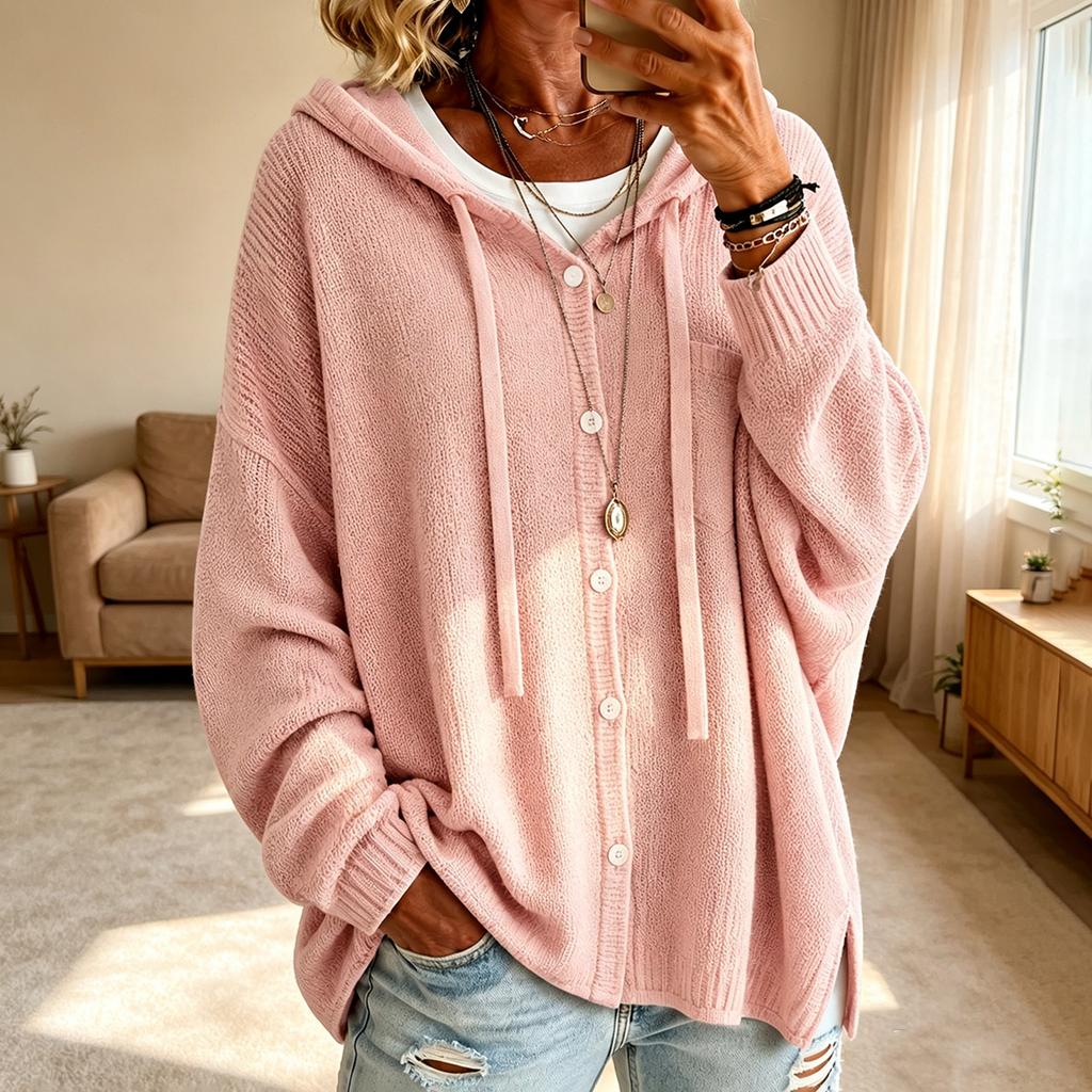 Women's Color Hooded Knit Cardigan with Buttons for Casual Daily Wear