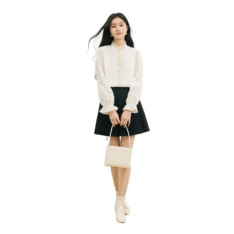 Xiangying Women s French Style Ruffle Trim Long Sleeve Blouse L