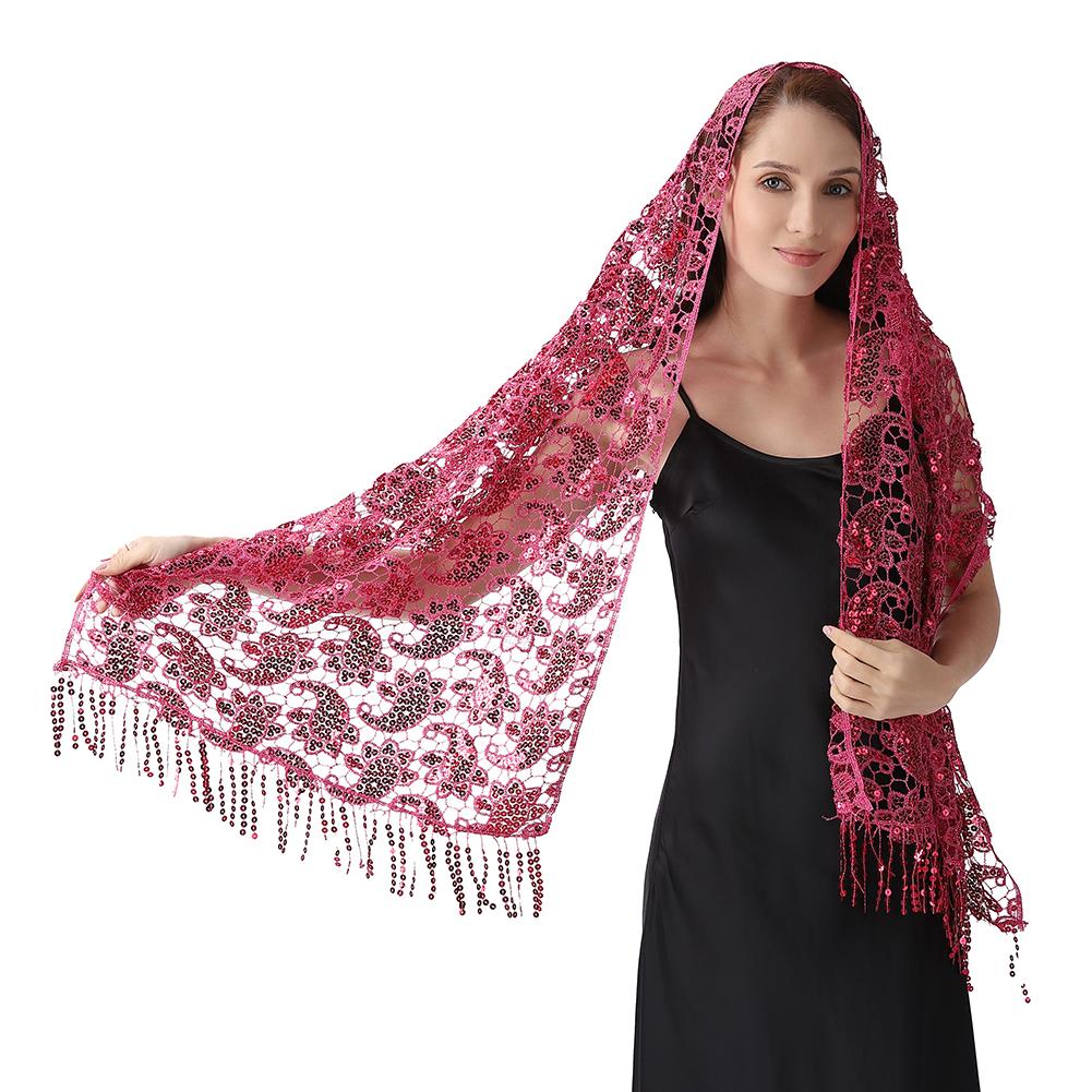 Lace & Sequins Shawl Wraps for Evening Dresses Wedding Decoration Scarf Elegant Hijab Cover for Ramadan Festivals Women's Modest Fashion Floral Shawl
