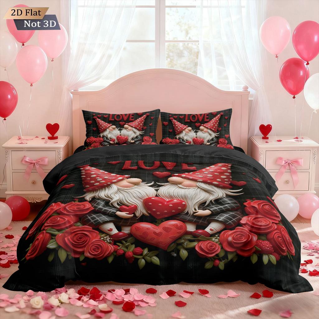 3-teiliges Romantisches Valentinstag Rote Rose Goblin-Druck kernloses Bettbezug-Set Mehrere Größen Schlafzimmer-Bettwäsche Feiertagsdekoration