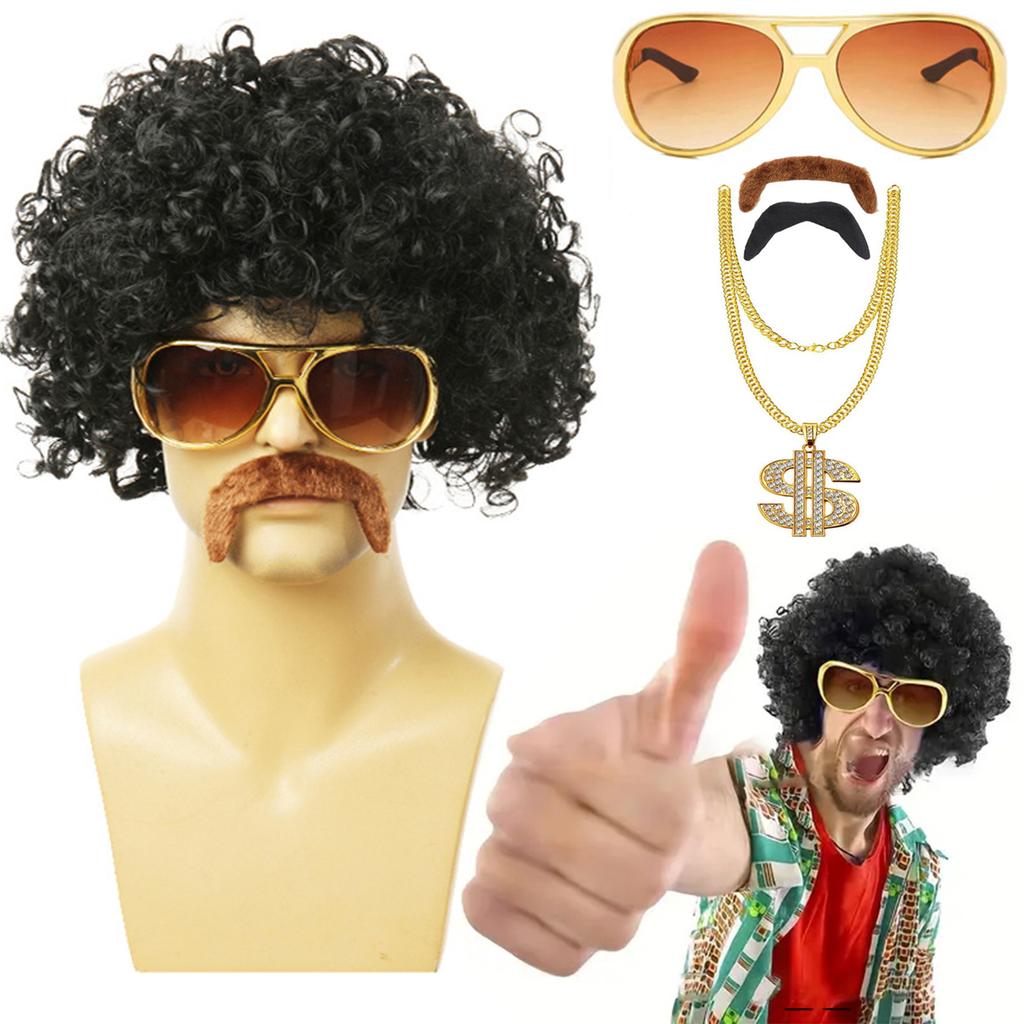 Men Rock Party Wig Costume Set Sunglasses Necklace Chain Ring Wigs for Halloween Men Costume