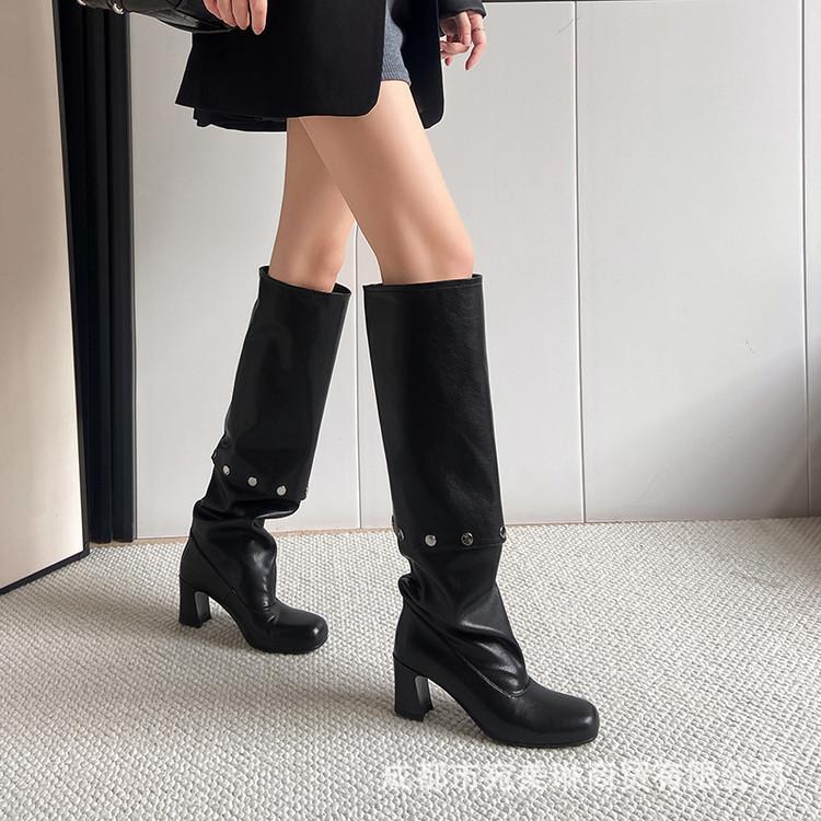 Foreign trade two wear removable knee boots 2025 new retro thick heel rivets thin leather high boots