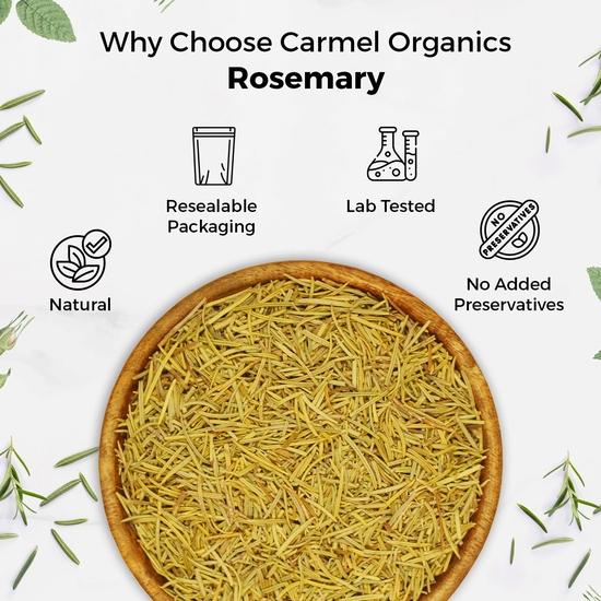 CARMEL ORGANICS Rosmarinblätter (100 Gramm) Mit Sprühflasche | Nützlich für Haarwachstum, Kräutertee und Kochen | Natürlich | Ohne zugesetzte Konservierungsstoffe