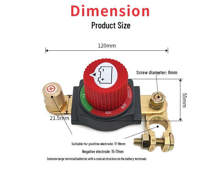 High-Current Brass Battery Terminal with Integrated Disconnect Switch and Detachable Knob for Car Modification