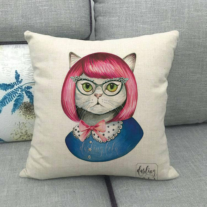Cartoon Cat Pattern Series Super Soft Cotton and Linen Material Pillow Cover for Home Sofa Decoration Pillow Cover
