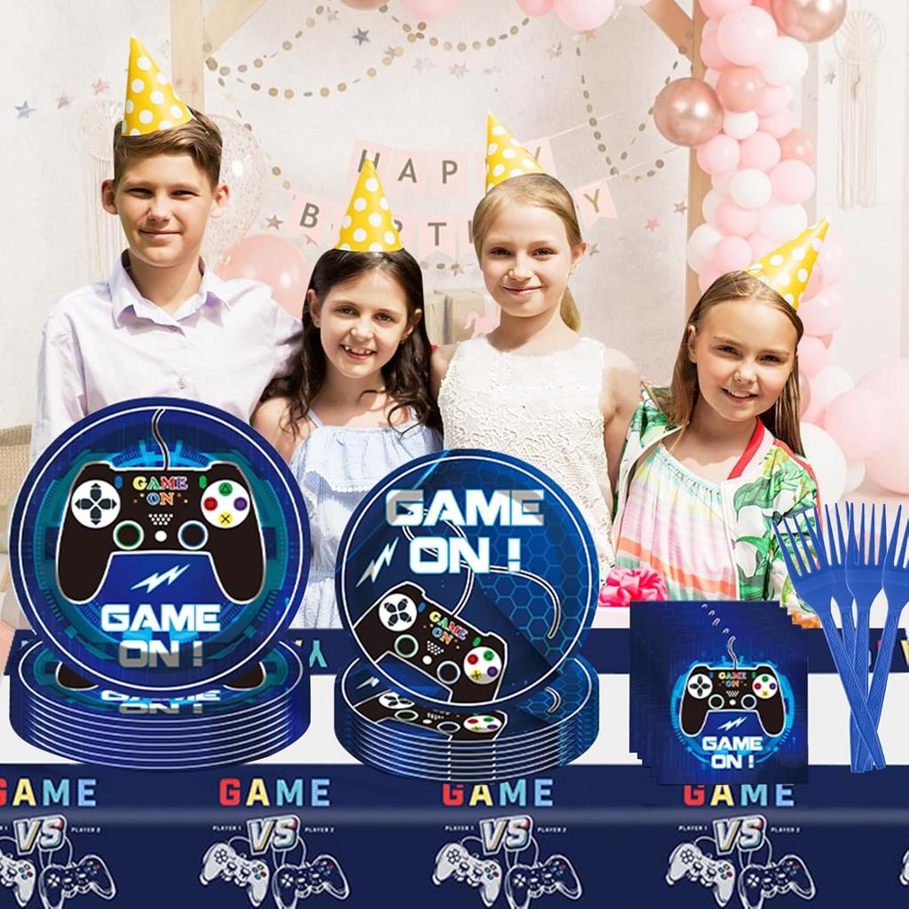 Video Game Party Supplies Tableware Set, Video Game Birthday Decorations, Including Dinner Plates, Tablecloth, Forks, and Napkins, Game Birthday