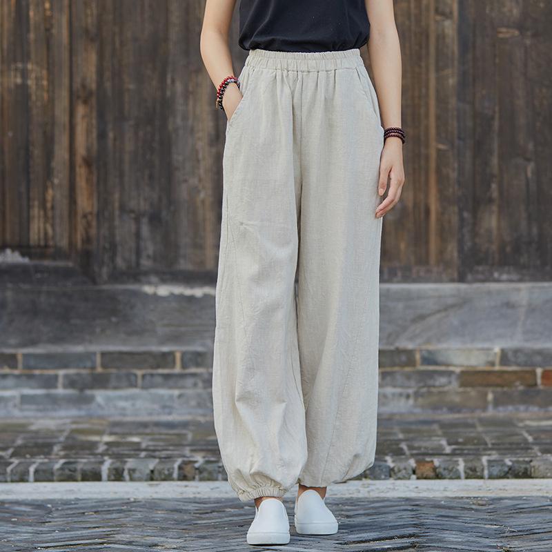 Damen Retro Ramie Baumwolle Leinen Yoga Laternenhose - Sandgewaschen, Zen Meditation Stil