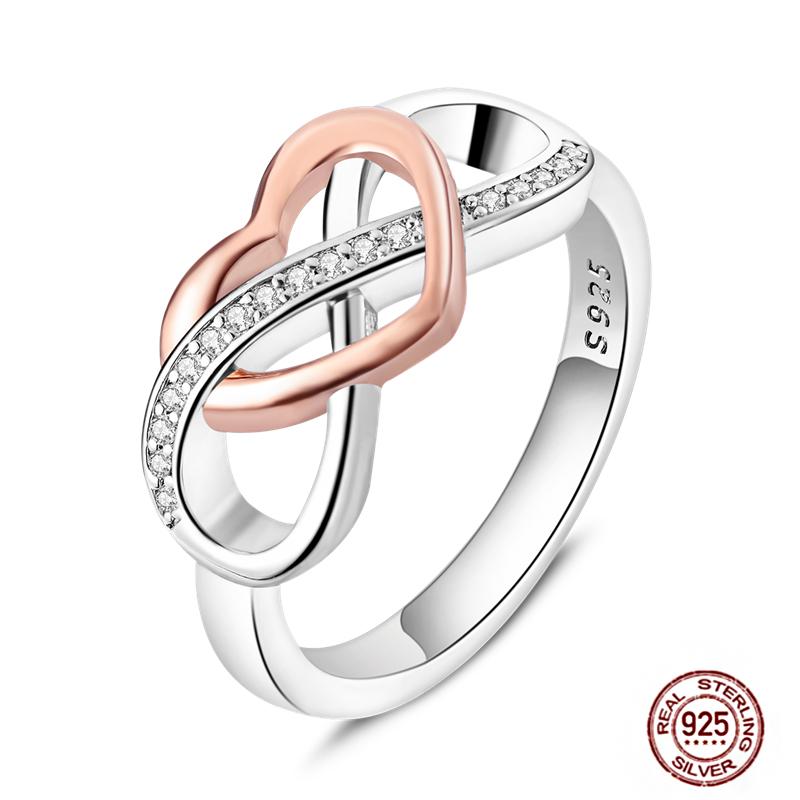 Shine Women koppar Fingerringar 925 Sterling Hjärta Krona Glöd Eldfluga Stjärna Sol Tusensköna Stapelbar Originalring Årsdag Zirkon