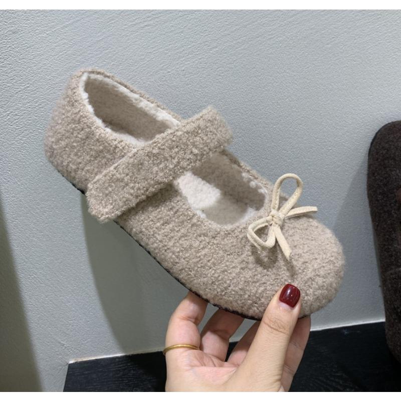 Fashion Design Elegant Plush Loafers Women's Shearling Ballet Flats Strap Warm Rabbit Fur Lined Crystal Buckle Mary Jane Flat Shoes