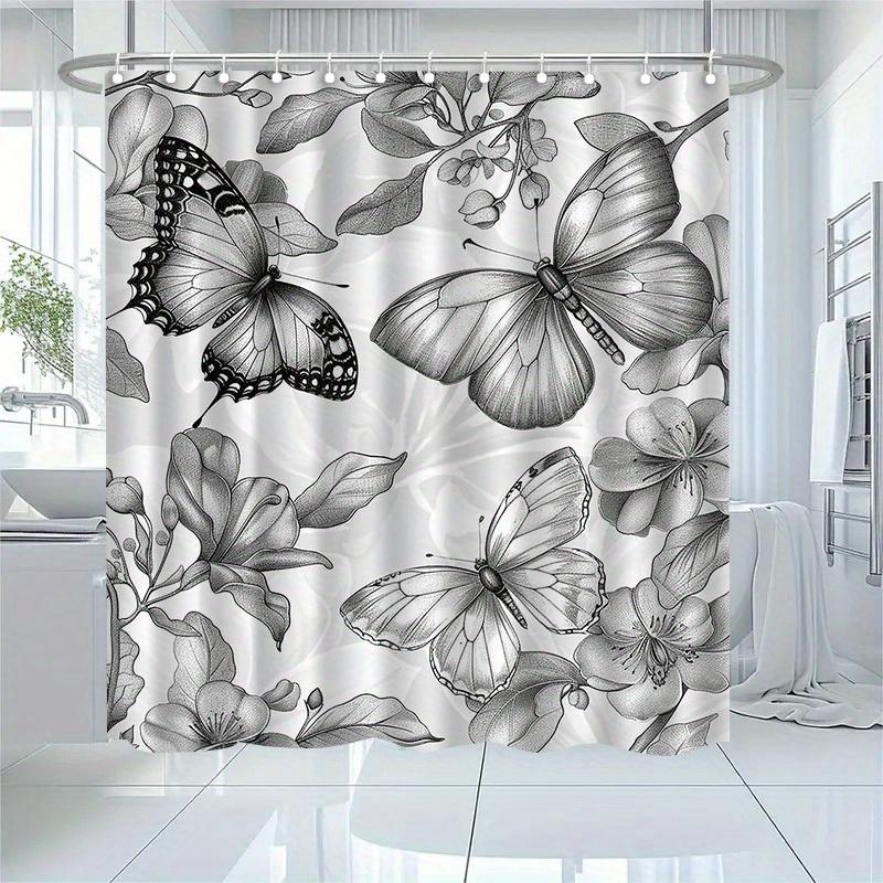 Jessica Chen Grey Butterfly Patterned Shower Curtain With Hooks, Machine Washable Polyester Fabric, Suitable For Bathroom Dcor.