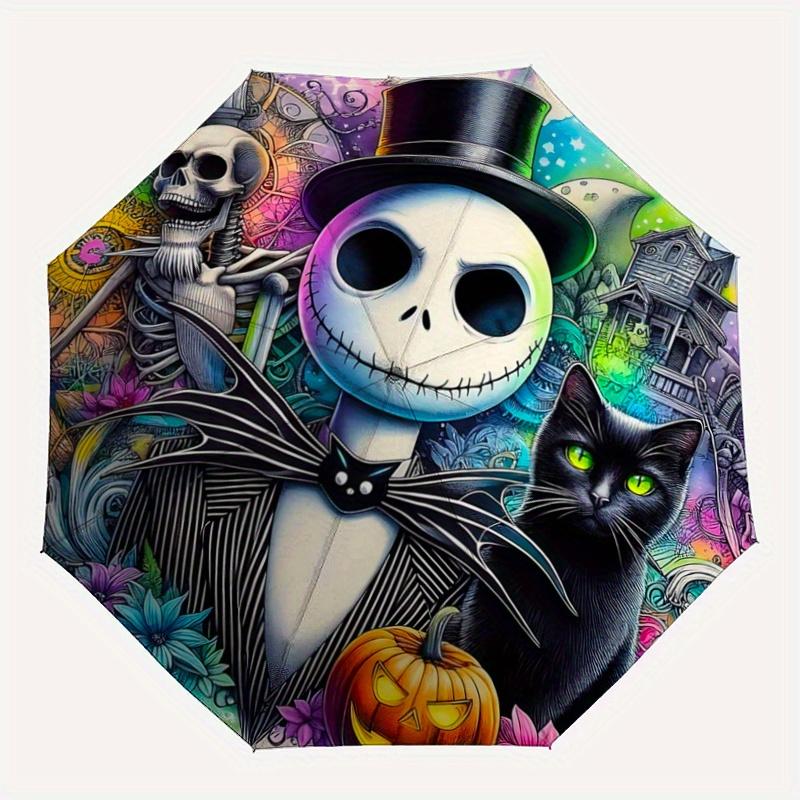 1pc Halloween Nightmare Before Christmas Ideas Automatic Opening and Closing Umbrella, Lightweight 3-Fold, With Cute Cartoon Characters, Sui