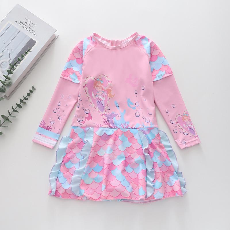2026 Long Sleeve Girls' One-Piece Swimsuit Skirt Style with CPC Certification for Medium and Large Children