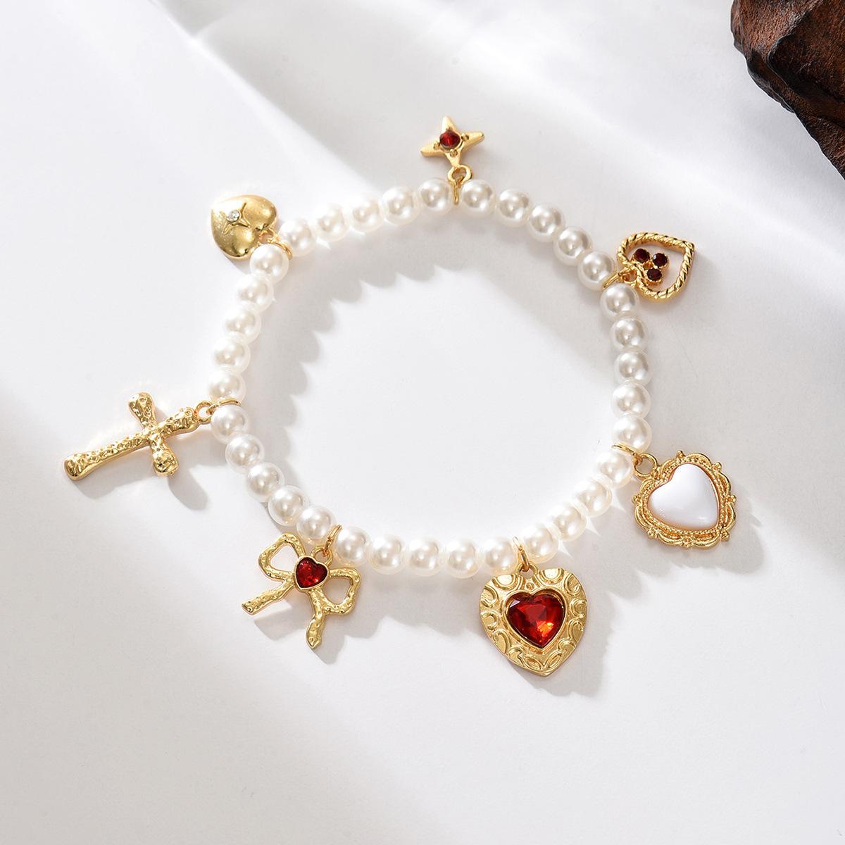 Cross pendant European and American exaggerated love necklace female sweet bow imitation pearl neck chain
