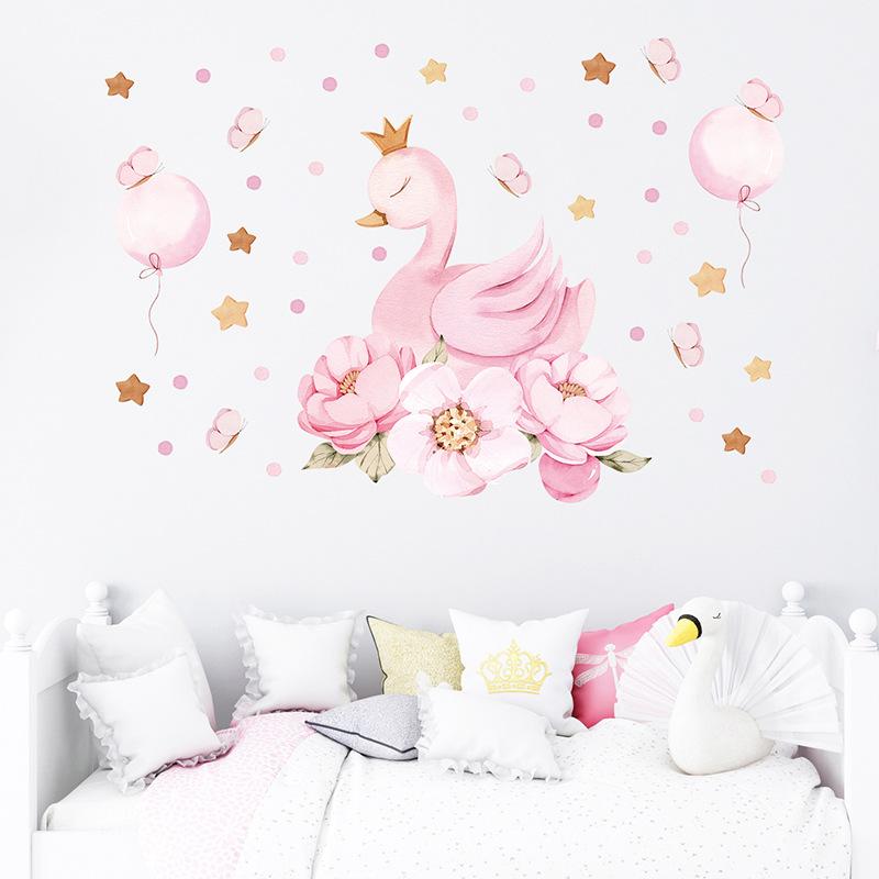 Süße Rosa Schwanenprinzessin Aufkleber Cartoon Mädchen Kinderzimmer Hintergrundwand Verschönerung Dekoration Aufkleber