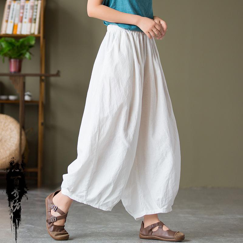 Four Seasons Cotton and Linen Women's Products Sand-washed Linen Bloomers Women's Elastic Waist Loose Casual Pants Nine-point Pants