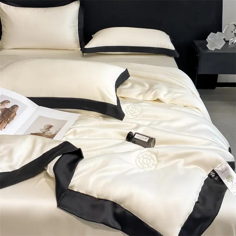 100% Washed Silk Quilt For Summer Embroidery Smooth Ice Cooling Bedspread Silky Blanket For Beds Luxury Summer Comforter For Bed