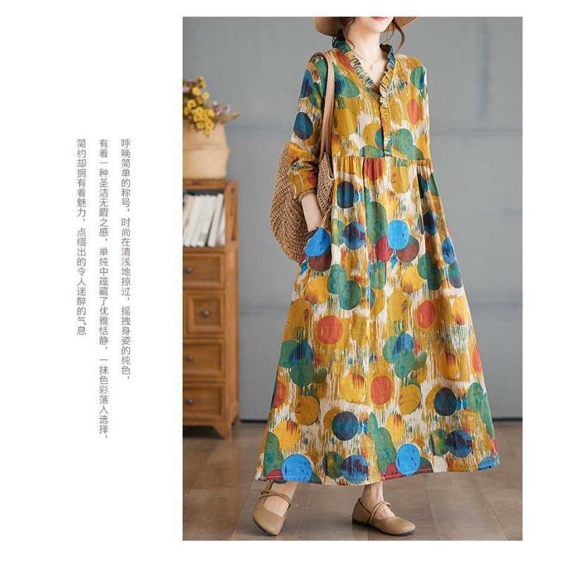 2025 New Retro Printed Loose Belly Shading Mulle Lace Long Sleeve Big Swing Long Dresses