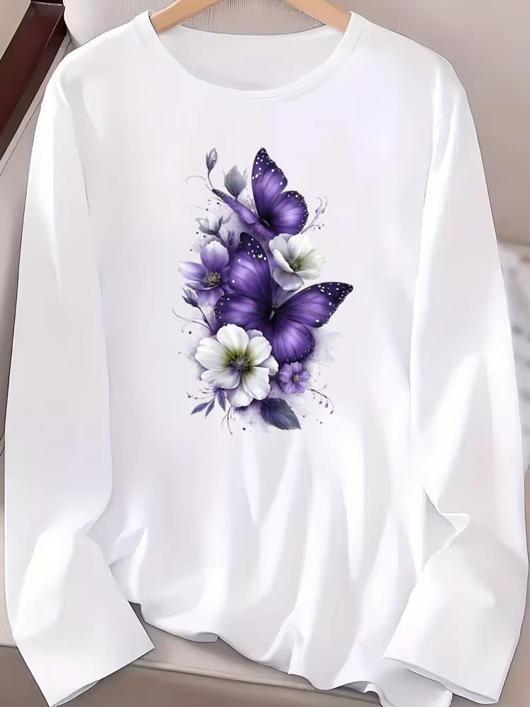 (Asian Size) Long Sleeve T-shirts Casual Clothing Women butterfly cute o-neck Print T Shirt autumn winter spring Fashion Top Graphic Tee