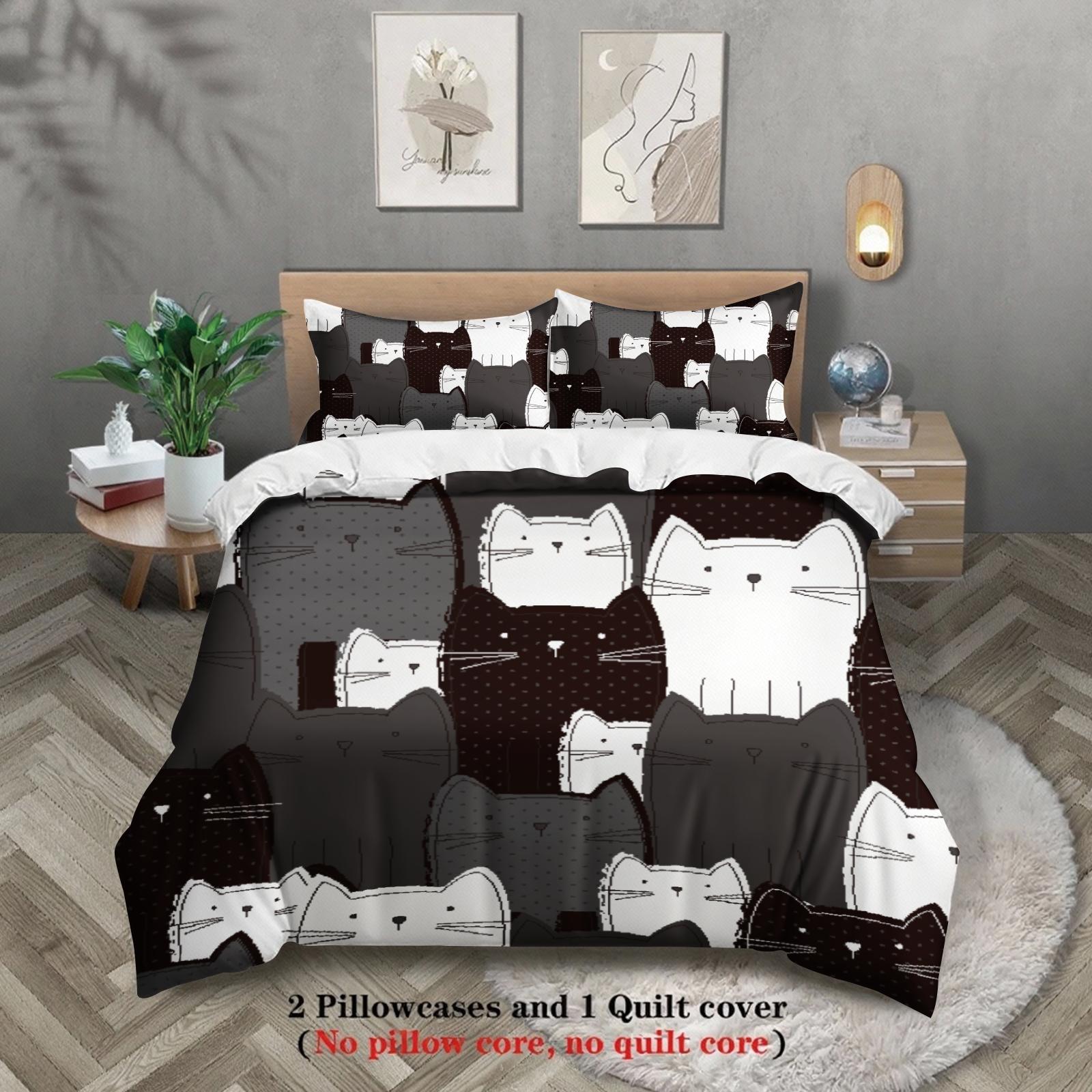 

3pcs Duvet Cover 3D Printed Black And White Cats Gifts For Students Adult 100% Polyester Bedding Sets With 2Pillowcases US King(264x229cm)