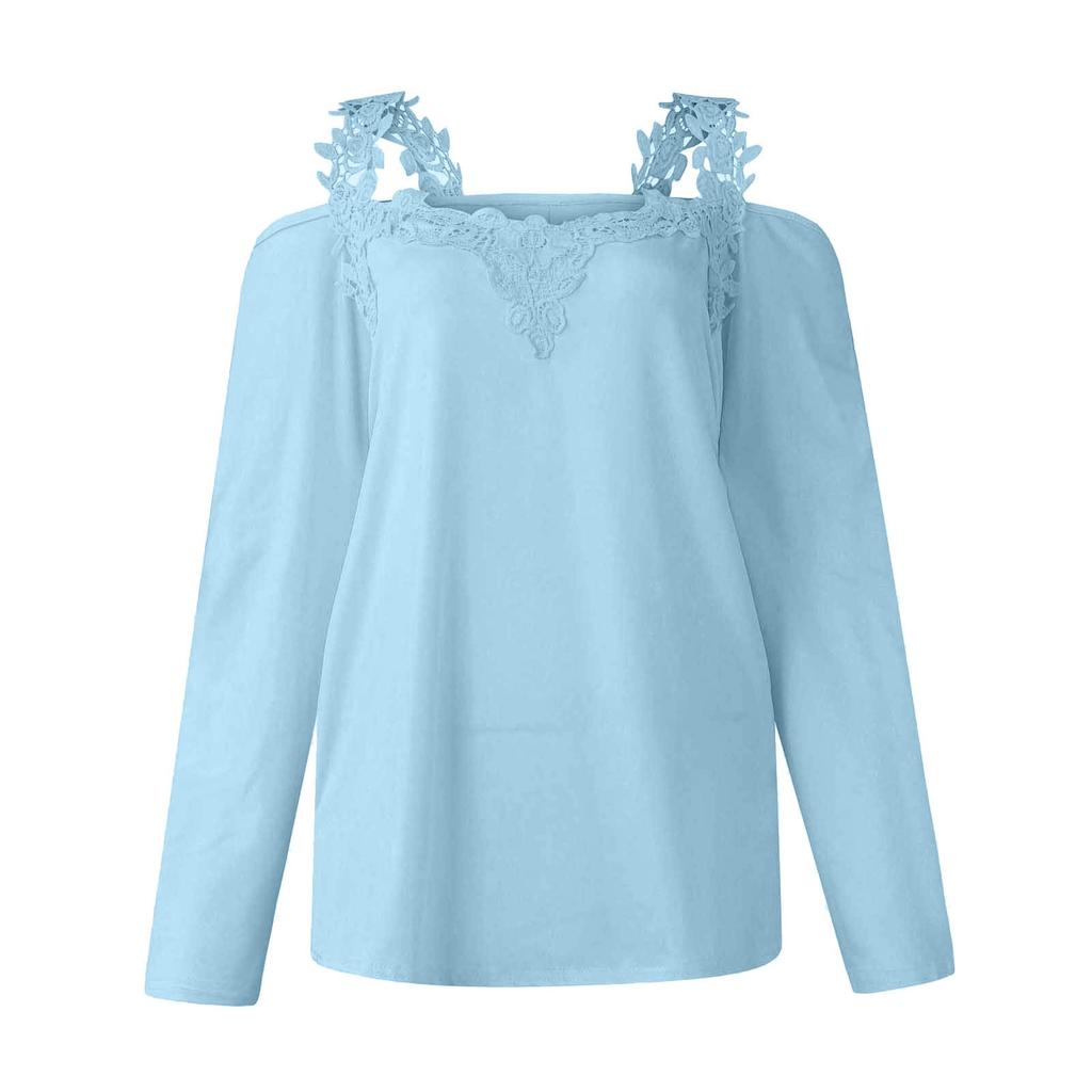 Damen-T-Shirts mit kalter Schulter, modisch, lässig, Spitze, Langarm, V-Ausschnitt, lockere Passform, Tunika, T-Shirt, sexy Blusen
