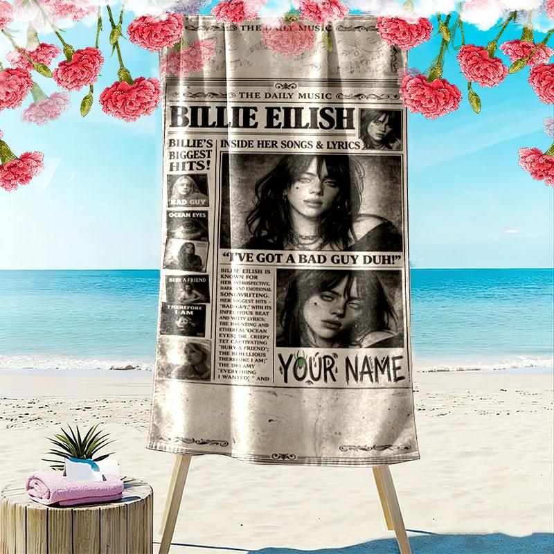 Billie Eilish Custom Name Print Beach Towel, Large Soft Quick Dry Towel for Beach Camping Swimming