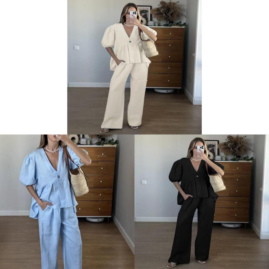 French Sweet Style Solid Vneck Bubble Sleeve Pantsuit With Tie For Summer Casual Wear