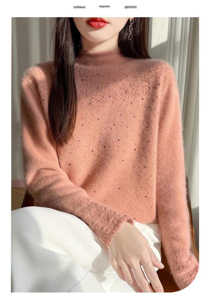 2026 A/W Wool Sweater: Thickened Roll Edge, Half-High Collar, Long Sleeve, Hot-Fix Rhinestone, Hollow-Out Knitwear.