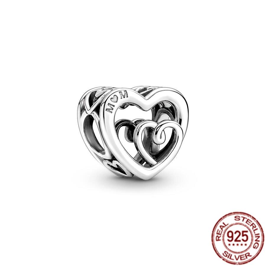 Fine S925 Sterling Silver Love You Mom Double Heart Split Dangle Charm Beads Fit Original  Bracelet DIY Women Jewelry Gift