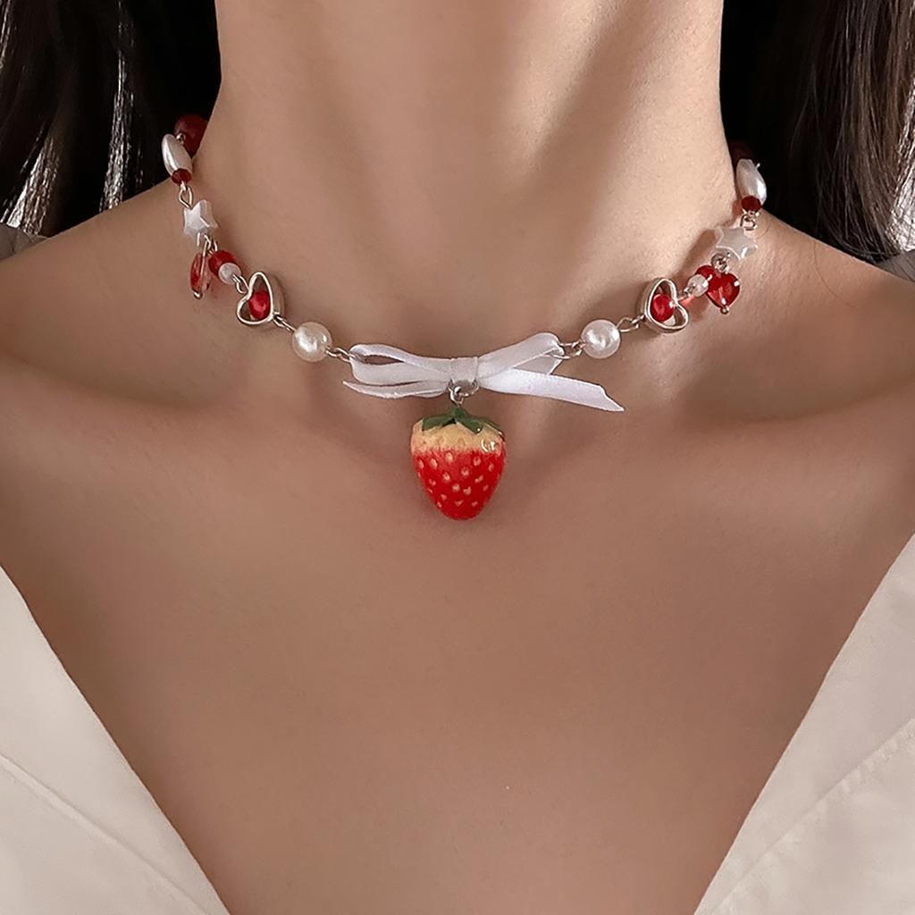 Salircon Korean Cute Red Strawberry Pendant Collar Necklace Gothic Heart Shaped Imitation Pearl Chain Choker Trend Jewelry