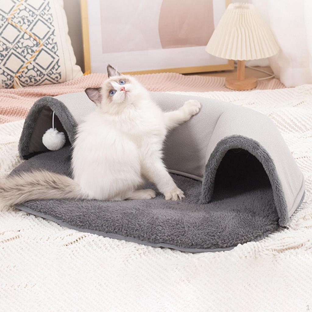 Cat Tunnel and Bed Toy with Ball Soft Anti Slip Bottom Plush Mat Multifunctional Pet Nest
