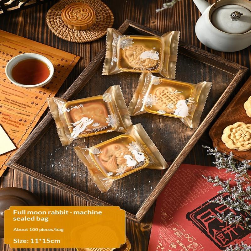 100Pcs Sealable Mooncake Packaging Bags Adorable Rabbit Prints Food Grade for Mid-Autumn Festival Baking Store Gift Packaging Use