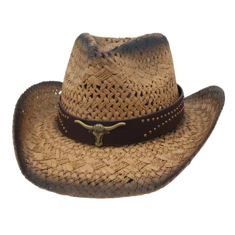 Cowboy Hat Panama Hollow Straw Hat Cowboy Straw Hat Women'S Belt Decorative Sunscreen Shade Seaside Beach Hat