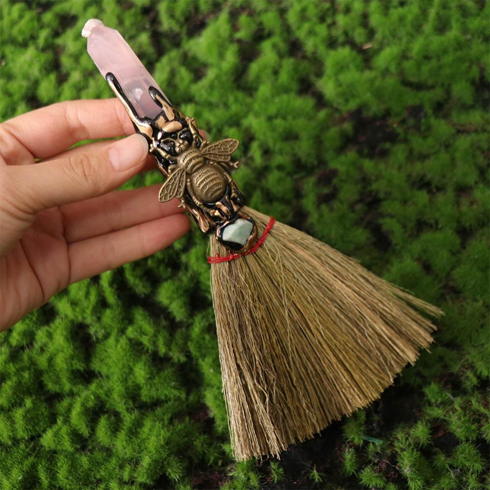 Handmade Witch Broom Ornaments Natural Broom Craft Crystal Column Point Stone Broom  Desktop