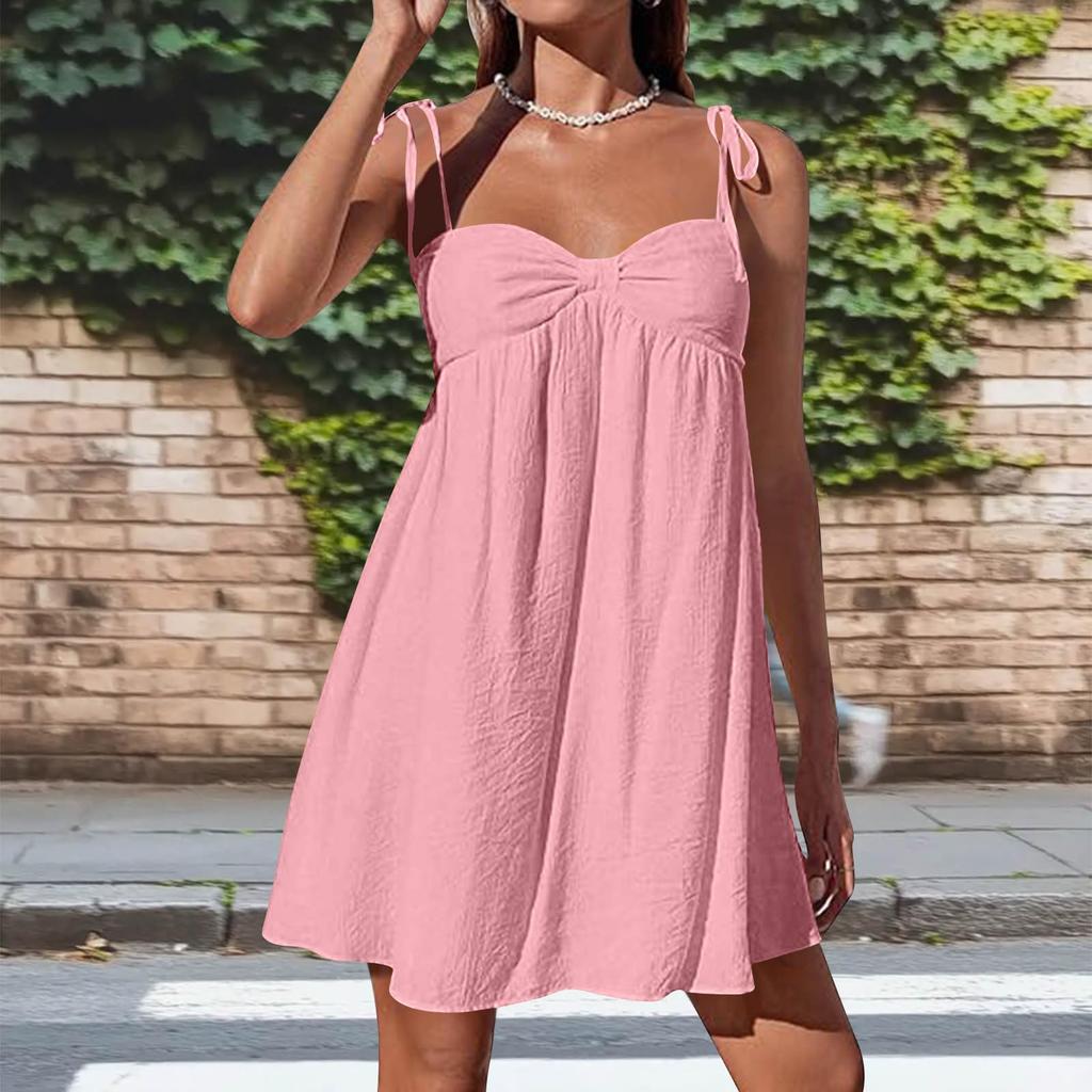 Women's Casual Loose Fit Sleeveless Tie Strap Dress Lightweight Breathable Fabric Summer Dress with Adjustable Shoulder Straps and Flared Hem