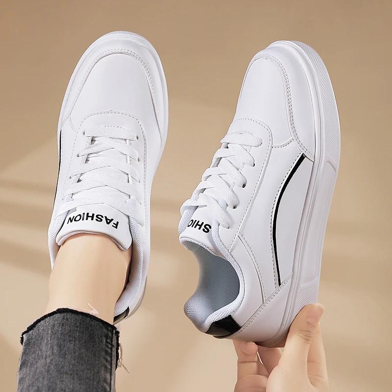 Women White Shoes Flat Female White Board Casual Shoes Lace Up PU Leather Walking Sneakers Thick Sole Outdoor Luxury Fashion