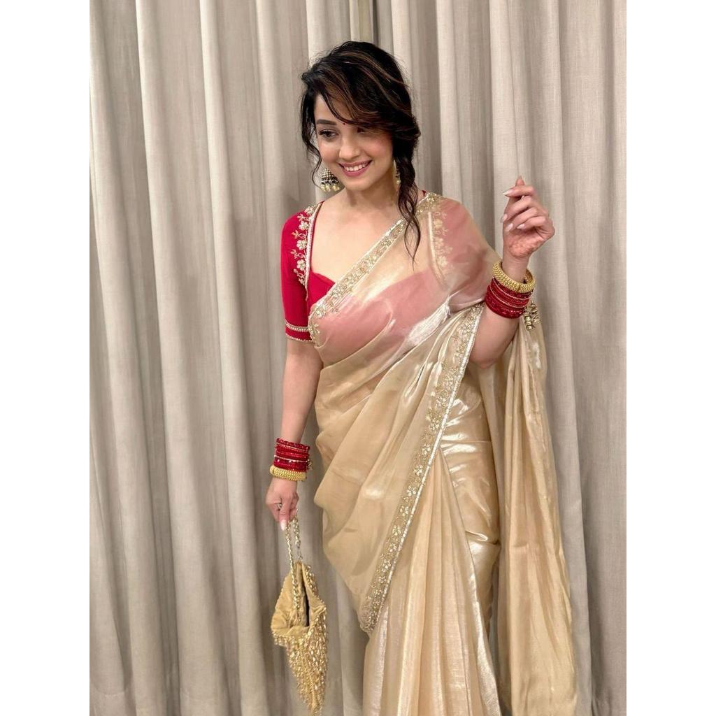 Neuer Launch – Leichter schicker Party-Saree mit Pailletten- und Kutdana-Handarbeit