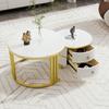 2-in-1 Runder MDF-Couchtisch, Beistelltisch mit glänzender Oberfläche und weißer Marmorplatte, Wohnzimmertisch-Kombination mit 2 Schubladen, 70*70*46 + 50*50*40 cm