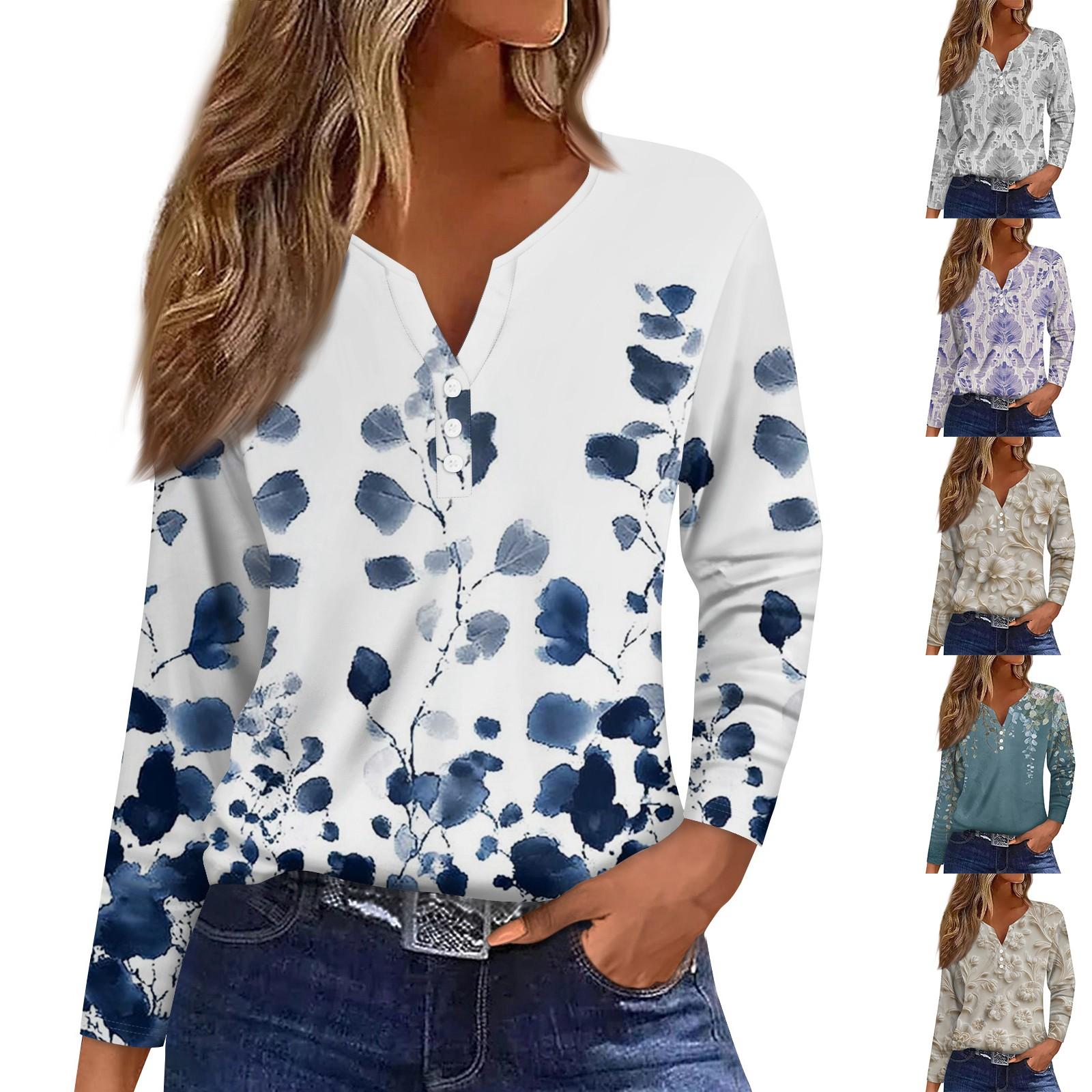 

Жіноча футболка з довгим рукавом і квітковим принтом на ґудзиках, щоденна мода на вихідні, звичайний топ із V-подібним вирізом L фіолетовий