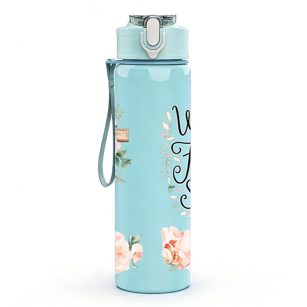 1PC Cross Rose Faith Christian Quote Print 750ml Color Plastic Sports Water Bottle Leakproof Flip Straw Lid Suitable for Sports Office Home Use